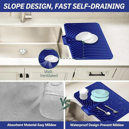 Dish Drying Mat for Kitchen Counter, with Built-in Drain Lip, Food-Grade Silicone, Easy Clean Pad for Countertop Protection, Multi-Functional Use (18x11.8, Midnight Blue)