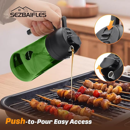 2 in 1 Oil Sprayer for Cooking, Olive Oil Dispenser Bottle for Kitchen Spray and Pour, 16oz/470ml Light-Blocking Dark Green Glass Bottle, Food-Grade Oil Mister for Air Fryer Black Cap