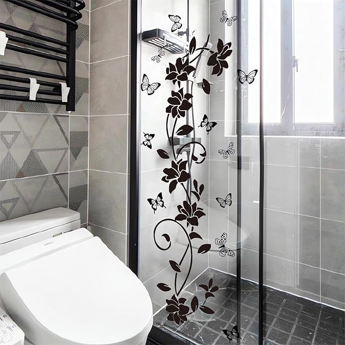 Black Flower Vine Butterfly Wall Stickers, sacinora Simplicity Floral Art Wall Decals Removable Vinyl Peel and Stick for Bathroom Living Room Bedroom Home Decorations