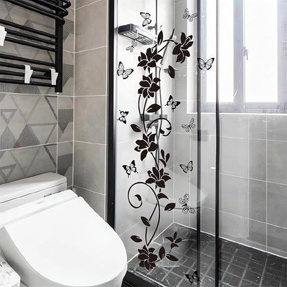 Black Flower Vine Butterfly Wall Stickers, sacinora Simplicity Floral Art Wall Decals Removable Vinyl Peel and Stick for Bathroom Living Room Bedroom Home Decorations