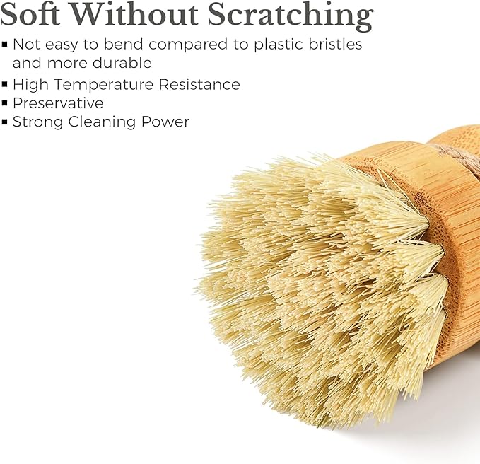 Bamboo Dish Scrub Brush for Kitchen Sink, Natural Wooden Washing Dish Brush Scrubber, Sisal Bristles Brush for Household Cleaning Cast Iron Brush Pots(Ceramic Dish+ 4P Sisal)