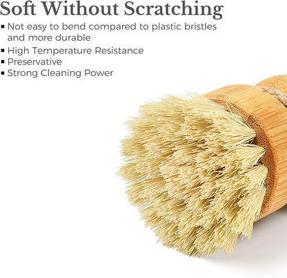 Bamboo Dish Scrub Brush for Kitchen Sink, Natural Wooden Washing Dish Brush Scrubber, Sisal Bristles Brush for Household Cleaning Cast Iron Brush Pots(Ceramic Dish+ 4P Sisal)