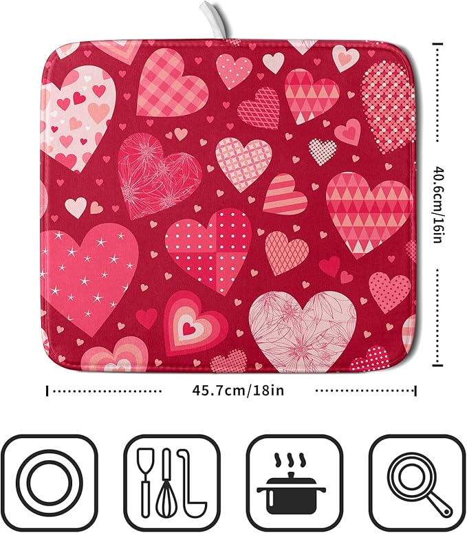 Valentine Day Love Heart Dish Drying Pad 16 x 18 Inch with Absorbent Reversible Microfiber Happy Valentines Pink Red Hearts Drying Mats For Kitchen Counter Dining Room Decoration