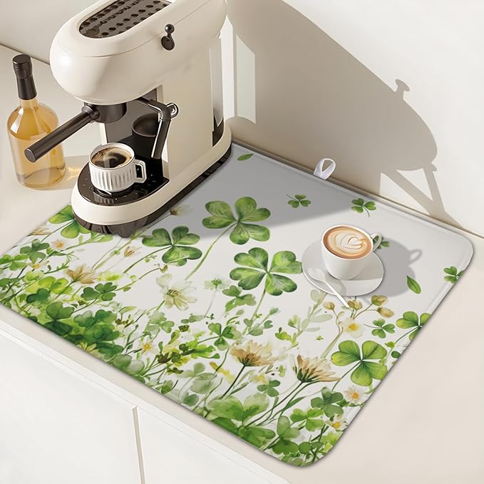 St Patrick's Day Dish Drying Mat 16 x 18 Inch Green Clover Dish Drainer Rack Mat Absorbent Microfiber Mats for Shamrock Dish Pad Spring Lucky Dish Pad for Kitchen Bar Decor