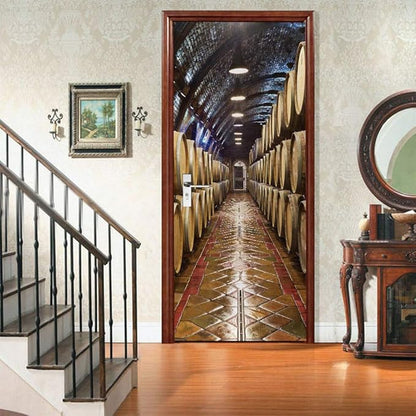 3D Door Stickers Murals Peel and Stick - Wine Cellar Wallpaper Self-Adhesive Decals Removable PVC Waterproof Poster for Bedroom Living Room 37.4" x 82.7"