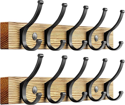 Optish Coat Rack Wall Mount, 16.5 Inches Wood Coat Hooks Wall Mount, Wall Coat Rack with 5 Hooks, Hat Rack Wall Hooks for Hanging Coat, Bag, Towel (2Pack, Natural)