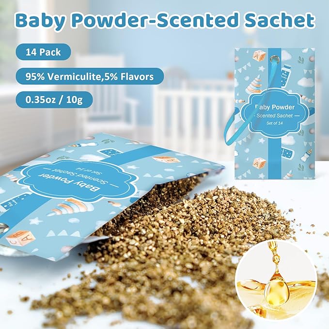 SCENTORINI Scented Sachets for Drawers and Closets, Baby Powder Scent 14 Pack, Long-Lasting Sachets Bags Wardrobe Freshener for Luggage, Handbags, Suitcases, Small Space