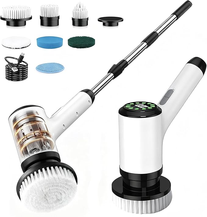Electric Spin Scrubber, Cordless Cleaning Brush with 7 Replaceable Brush Heads, 2-Speed Adjustable Handle Shower Scrubber, IPX7 Waterproof for Bathroom, Tub, Tile & Floor, Teens, White-qb1