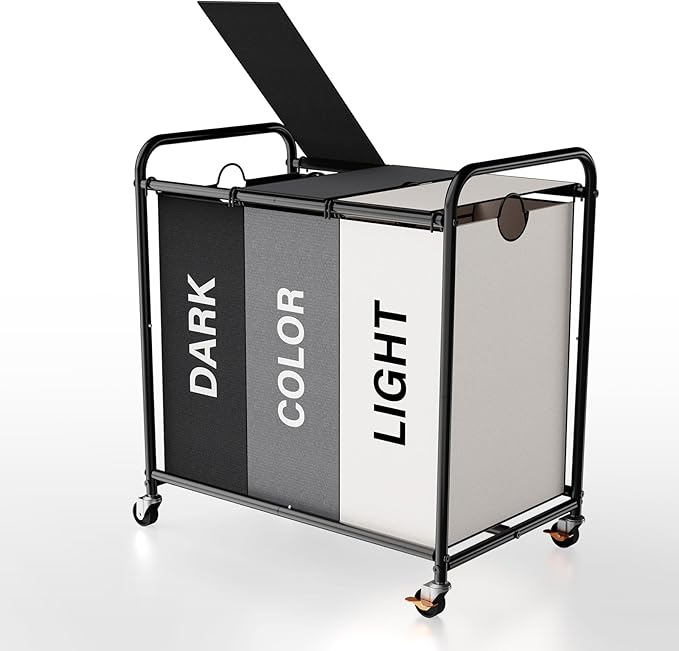 3-Compartment Laundry Cart with Lockable Wheels & Lid 180L Large Wheeled Laundry Basket Heavy-Duty Sorting Organizer for Laundry Room (Multicolor)