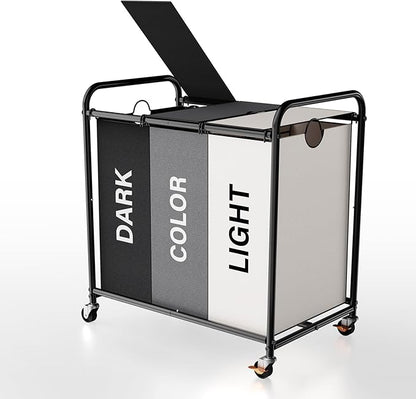 3-Compartment Laundry Cart with Lockable Wheels & Lid 180L Large Wheeled Laundry Basket Heavy-Duty Sorting Organizer for Laundry Room (Multicolor)