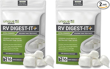 Unique RV Digest-It+ Extra-Strength RV Toilet Treatment Pod - Liquifies Waste and All Brands of Toilet Paper - Eliminates Odors at the Source (16 Pods) (Pack of 2)