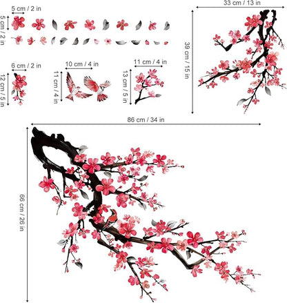 wondever Watercolor Plum Flower Tree Branch Wall Stickers Red Cherry Blossom Floral Birds Peel and Stick Wall Art Decals for Bedroom Living Room Sofa