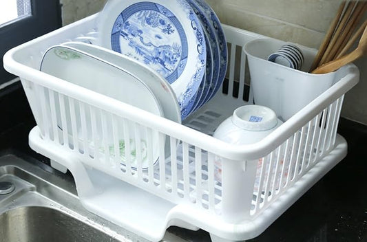 Heavy Duty 2-Piece Plastic Dish Drying Rack Set in White - Includes Large Dish Drainer, Attached Drainboard, and Utensil Cup Holders for Home Kitchen Countertop Organization