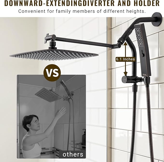 G-Promise All Metal 14 Inch Shower Head with Massage Mode Handheld, Rain Shower Head with Handheld Spray Combo, 3-Way Diverter with Pause Setting, 12 Inch Adjustable Extension Arm (Oil Rubbed Bronze)