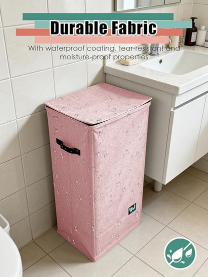 Laundry Hamper with Lid, Reinforced Sturdy Clothes Hamper with Anti-Puncture Base, Large Collapsible Laundry Basket with Removable Liner Bag, Tall Dirty Clothes Bin for Family, 100L Pink
