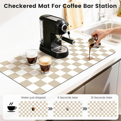 17" x 32" Checkered Dish Drying Mat for Kitchen Counter, Absorbent Coffee Bar Mat for Espresso Machine Coffee Countertops Accessories (Khaki)