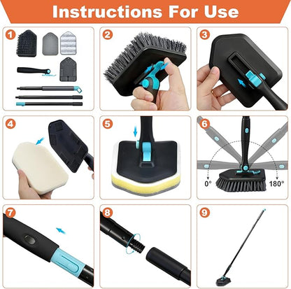 Long Handled Scrub Brush for Shower,3-in-1 Cleaning Brushes with 3 Different Function Cleaning Heads Brush for Shower Cleaning Bathroom Kitchen Walls Tub Tile (Black)