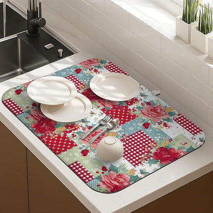 Dish Drying Mat Drainer Pads - Extra Large Microfiber Drying Mats for Dishes Kitchen Counter Super Absorbent Pads for Draining Racks (Red,18"x24" )