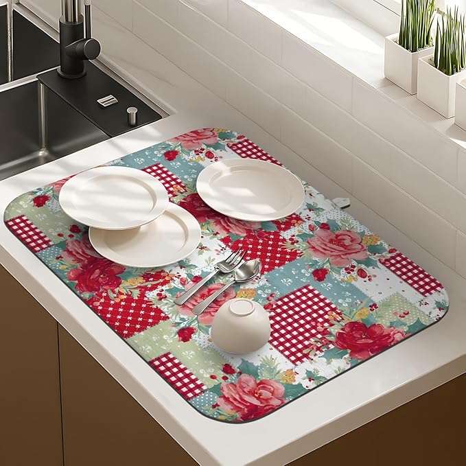 Dish Drying Mat Drainer Pads - Extra Large Microfiber Drying Mats for Dishes Kitchen Counter Super Absorbent Pads for Draining Racks (Red,16"x18" )
