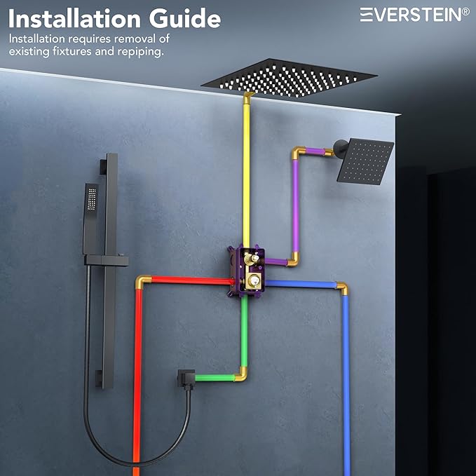 Celling Mount 64 Color LED Mood Lighting Dual Rainfall Shower Head Faucet, 12 Inch Rainfall Shower System (Matte Black)