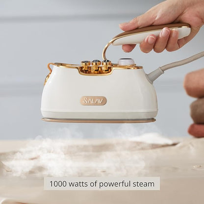 SALAV IS-900A Retro Handheld Garment Steamer + Iron, Ceramic Steam Plate, 1000 watts of Steam, Removes Wrinkles on Clothes (Steamer and Iron + Fabric Shaver and Lint Roller, Pearl)