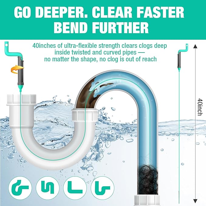 Rotating Handle Drain Snake - 40 Inch Steel Wire Hair Drain Clog Remover, Heavy Duty Flexible Plumbing Snake for Shower, Sink, Toilet, Bathroom & Kitchen Drain Cleaner Tool(6PCS)