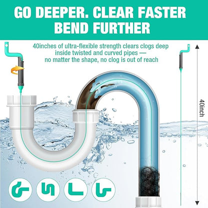 Rotating Handle Drain Snake - 40 Inch Steel Wire Hair Drain Clog Remover, Heavy Duty Flexible Plumbing Snake for Shower, Sink, Toilet, Bathroom & Kitchen Drain Cleaner Tool(6PCS)