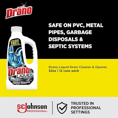 Drano Liquid Drain Clog Remover and Cleaner for Shower or Sink Drains Unclogs and Removes Hair Soap Scum Blockages, Multi, 32 Fl Oz (Pack of 12)