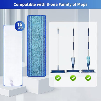 15-Pack Microfiber Mop Pads for Bona Mpo- Washable Reusable Refills for Hardwood, Tile & Multi-Surface Floors | Pet Hair & Stain Remover