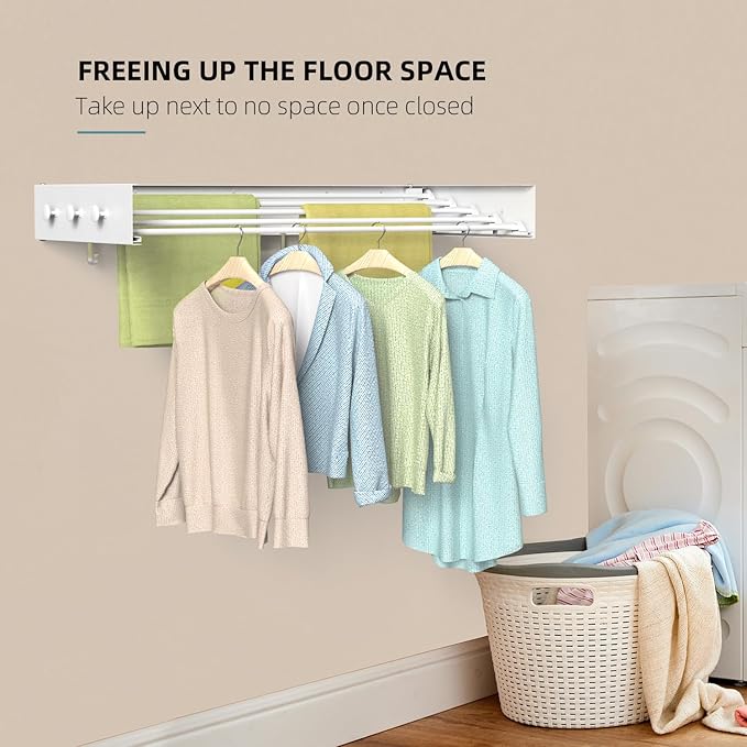 Drying Rack Clothing,Clothes Drying Rack Wall Mounted,Laundry Drying Rack Wall Mount,Foldable,Collapsible,60 lb Capacity 5 Aluminium Poles with 6 Hooks (White, 31" Upgrade)
