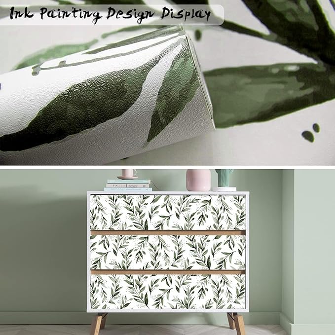 Livebor Green Leaf Wallpaper Peel and Stick Olive Leaf Contact Paper 17.7inch x 118.1inch Green Peel and Stick Wallpaper Modern Farmhouse Wall Paper for Bathroom Neutral Sage Decorative Vinyl