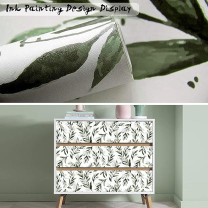 Livebor Green Leaf Wallpaper Peel and Stick Olive Leaf Contact Paper 17.7inch x 393.7inch Green Peel and Stick Wallpaper Modern Farmhouse Wall Paper for Bathroom Neutral Sage Decorative Vinyl