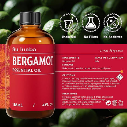 SU JUABA Bergamot Essential Oil 4 Fl Oz, 100% Pure Natural for Refreshes Uplifts, Skin, Hair,Diffuser, Aromatherapy -118ml