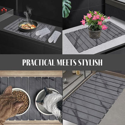 Extra Large Stone Dish Drying Mat for Kitchen Counter, 28"(L)×16"(W) Collapsible Quick Drying Dish Mats, Super Absorbent Drying Pad, Kitchen Counter Mats for Dishes, Bottles, Cups, Gray Mable
