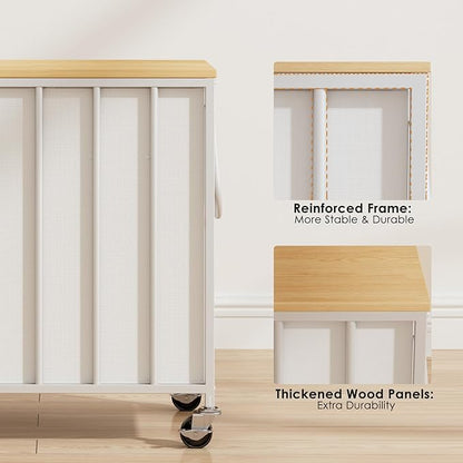 120L Laundry Hamper with Wheels and Lid, Rolling Laundry Basket with Dual Removable Liners, Soft-Close Flip-Top Wooden Lid, Metal Handles, Clothes Organizer for Bedroom and Laundry Room