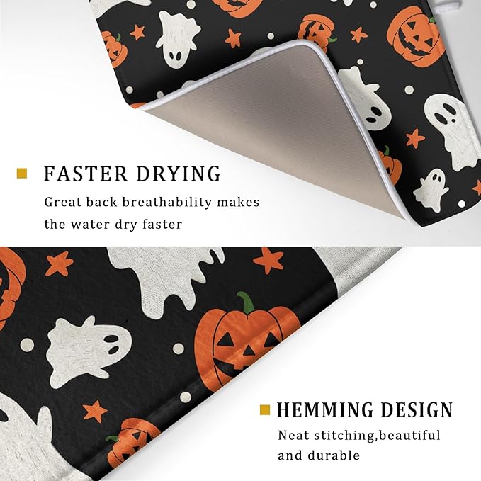 Halloween Dish Drying Mat 18 x 24 Inch With Absorbent Reversible Microfiber Pumpkin Ghost Black White Orange Drying Mats Thanksgiving Dish Drainer Mat Fast Dry For Kitchen Dining Room Decoration