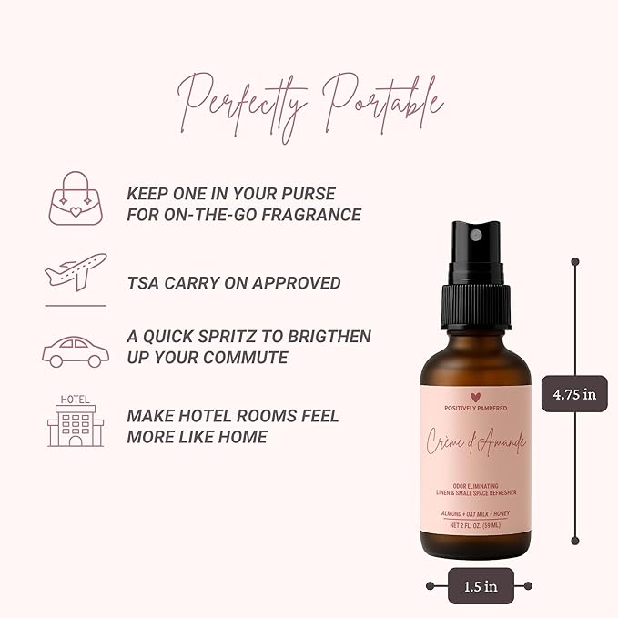 Crème d’Amande Luxury Small Space Air & Linen Freshener Spray - Almond + Oat Milk + Honey - Artisan Blended Home Fragrance - Non Toxic Room Spray + Odor Eliminator - 2 oz Travel Size