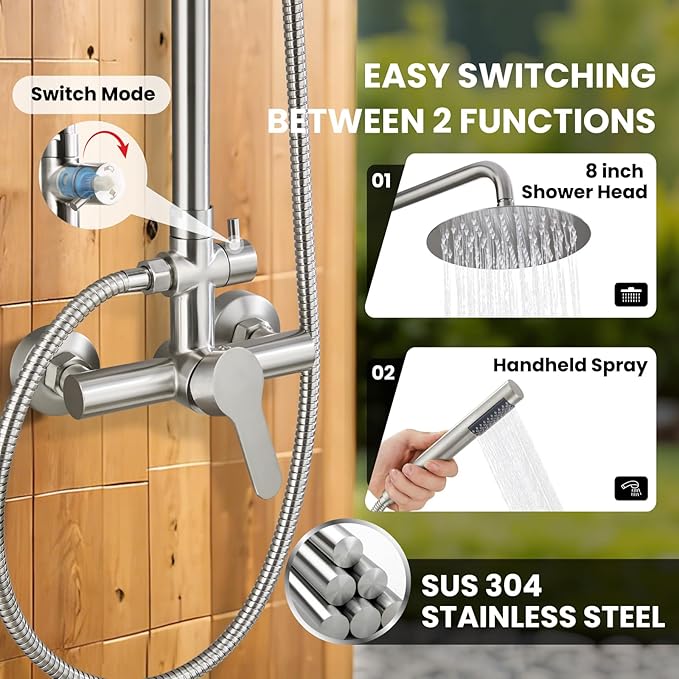 gotonovo Outdoor Shower Fixtures SUS304 Stainless Steel Rain Shower Kit Faucet High Pressure Wall Mount 2 Dual Function 8 Inch Showerhead and Handheld Spray Combo, Single Handle, Brushed Nickel