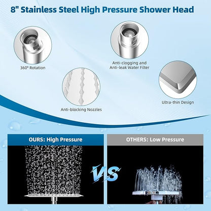 Hibbent All Metal cUPC Certified Shower Head, 8'' High Pressure Rainfall Shower Head, Handheld Showerhead Combo with 16'' Adjustable Extension Arm, 10 Sprays, 71'' Hose, Showerhead Holder, Chrome