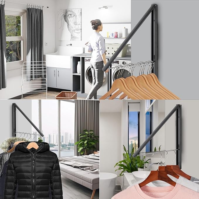 Foldable Clothes Drying Rack, Wall Mounted Retractable Drying Rack Clothes Hanger for Laundry, Bathroom, Balcony Use, Space Saving Laundry Racks and Closet Organizer, Aluminum (Black)