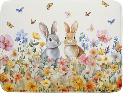 Spring Easter Rabbit Dish Drying Mat for Kitchen Counter,Colorful Flowers Butterflies Drying Mat 18 x 24 Inch with High Absorbent Microfiber Drainer Mat for Coffee Bar