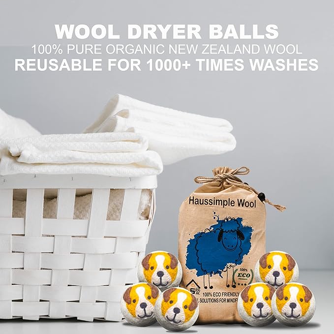 Wool Dryer Balls Organic Felt Laundry Fabric Softener XL Reusable Handmade Natural New Zealand Sheep Wool Lint Wrinkle Free Anti Static Clothes 6-Pack (Yellow Dog)
