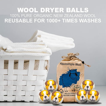 Wool Dryer Balls Organic Felt Laundry Fabric Softener XL Reusable Handmade Natural New Zealand Sheep Wool Lint Wrinkle Free Anti Static Clothes 6-Pack (Yellow Dog)