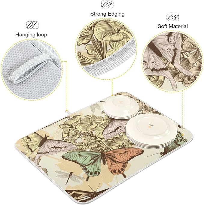 Super Absorbent Dish Drying Mat, Microfiber Fast-Drying Dish Mat, 24" x 18", Kitchen Dish Drying Pad, Retro Butterfly