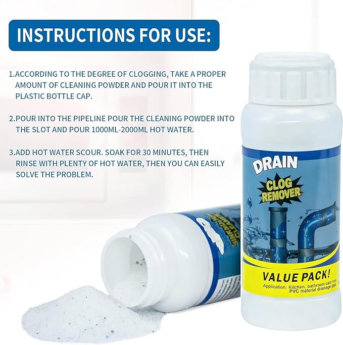 Powerful Fast-Acting Drain Cleaner Powder – Sink and Drain Clog Remover for Kitchen & Toilet Pipes – Deep Cleaning Formula, Fast Foaming, Heavy-Duty Clog Remover
