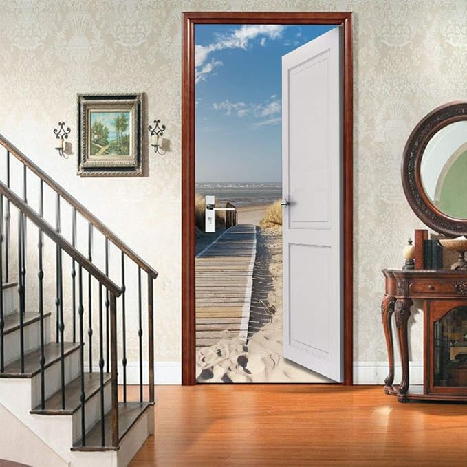 3D Door Wallpaper Self-Adhesive Poster - Beach Street Film Photo Premium PVC Waterproof Sticker Wall for Bedroom Living Room Decoration Stickers 88 x 200 cm