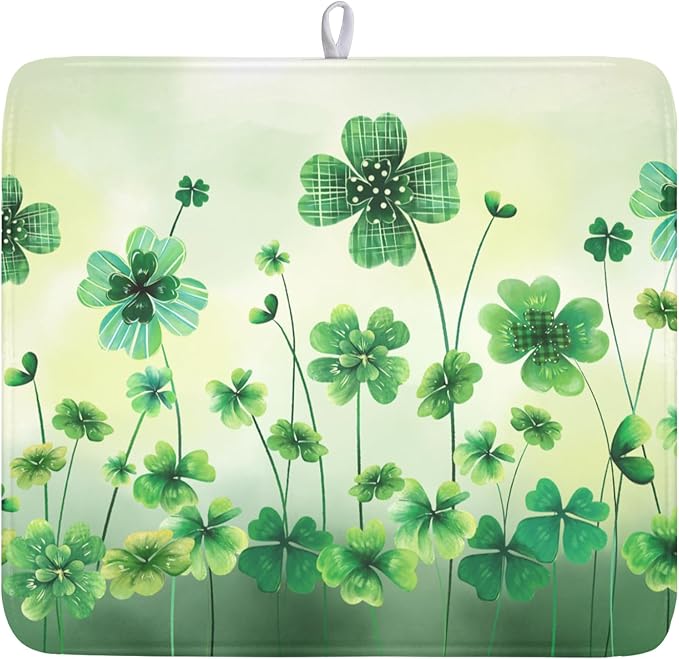 St Patrick's Day Dish Drying Mat for Kitchen Counter Green Lucky Shamrock Pattern Drying Mat 16x18 Inch Spring Holiday Absorbent Dish Drainer Mat Kitchen Accessories