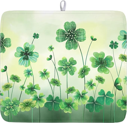 St Patrick's Day Dish Drying Mat for Kitchen Counter Green Lucky Shamrock Pattern Drying Mat 16x18 Inch Spring Holiday Absorbent Dish Drainer Mat Kitchen Accessories