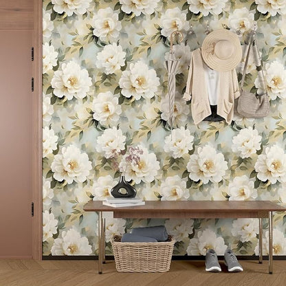White Floral Wallpaper Peel and Stick,Beige/Green Peony Contact Paper,Oil Painting Watercolor Large Flower Wall Paper Self Adhesive Waterproof Removable for Bedroom Shelf Cabinet Drawer 17.5" x 118"