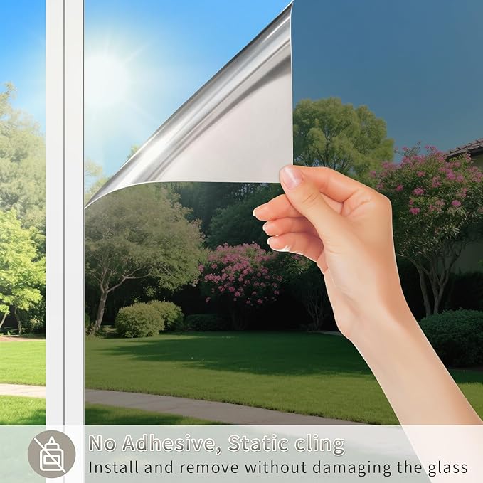 Window Privacy Film One Way Daytime Mirror Tint Treatments UV Heat Control Vinyl Stickers Sun Block Glass Paper Door Covering Reflective (Black Silver, 45.6 Inch x 7.2 Feet)